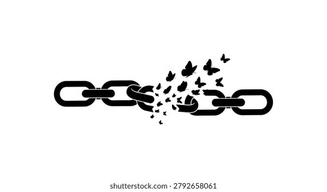 A broken chain link with pieces flying apart