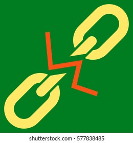 Broken Chain Link vector icon. Flat bicolor orange and yellow symbol. Pictogram is isolated on a green background. Designed for web and software interfaces.