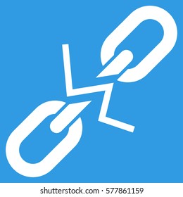 Broken Chain Link vector icon. Flat white symbol. Pictogram is isolated on a blue background. Designed for web and software interfaces.