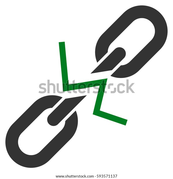 Broken Chain Link vector icon. Flat\
bicolor green and gray symbol. Pictogram is isolated on a white\
background. Designed for web and software\
interfaces.