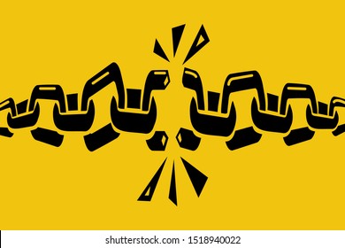 Broken chain links. Freedom concept. Glyph icon. Broken metal chain with iron pieces. Abstract black silhouette. Vector illustration flat design. Isolated on yellow background.