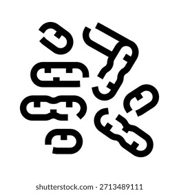 Broken chain links scattering, representing concepts of freedom, release, broken connections, separation, and overcoming limitations in a clear black and white icon illustration