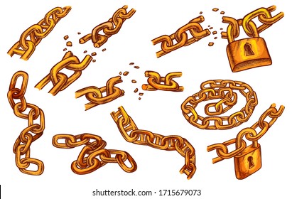 Broken chain with lock, vector sketch icons of cracked links and keylocks. Hand drawn golden broken chain elements, freedom break, prison escape, connection breakout and bound locked slavery concept