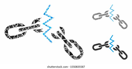 Broken chain mosaic of raggy elements in variable sizes and shades, based on broken chain icon. Vector uneven elements are united into collage. Broken chain icons collage with dotted pattern.