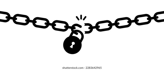 Broken chain with padlock. Breaked metal chain. Shatter or defect in protection. Freedom symbol.