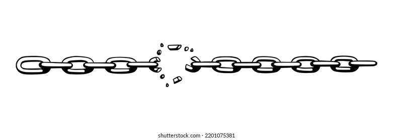 Broken chain with shatters as symbol of strength and freedom. Sketch of metal chains. Vector illustration isolated in white background