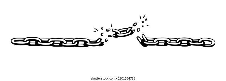 Cadena rota con destrozos como símbolo de fuerza y libertad. Esbozo de cadenas metálicas. Ilustración del vector aislada en fondo blanco