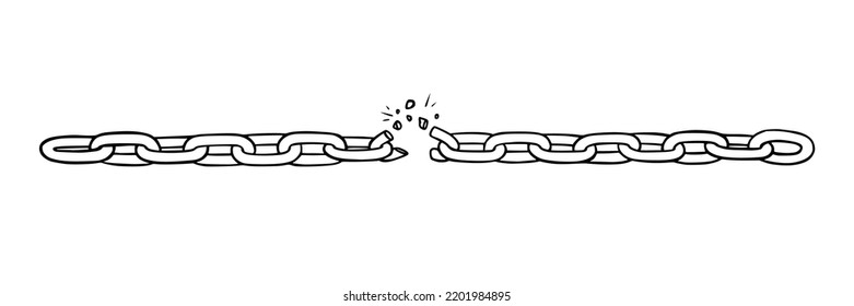 Broken chain with shatters as symbol of strength and freedom. Sketch of metal chains. Vector illustration isolated in white background