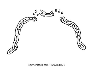 Broken chain with shatters as symbol of strength and unity. Sketch of metal chains. Vector illustration isolated in white background