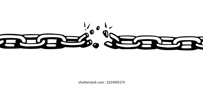 Broken chain with shatters as symbol of strength and freedom. Sketch of metal chains. Vector illustration isolated in white background