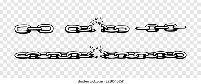 Broken chain with shatters as symbol of strength and freedom. Sketch of metal chains. Vector illustration isolated in transparent background