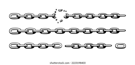 Broken chain with shatters as symbol of strength and freedom. Sketch of metal chains. Vector illustration isolated in white background