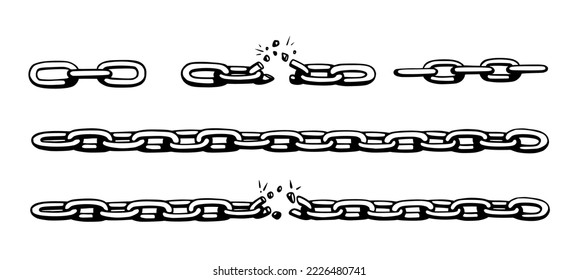 Broken chain with shatters as symbol of strength and freedom. Sketch of metal chains. Vector illustration isolated in white background