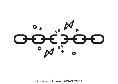 A broken chain with sparks, a chain break in the middle. Black vector illustration isolated on white background.