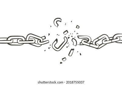 Broken chain. Torn, divorce, broken links, destroyed network, connections, conflict, freedom, liberty  concept. Black and white vintage vector line illustration.