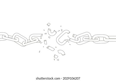 Broken chain. Torn, divorce, broken links, destroyed network, connections, conflict, freedom, liberty  concept. Black and white vintage vector line illustration.