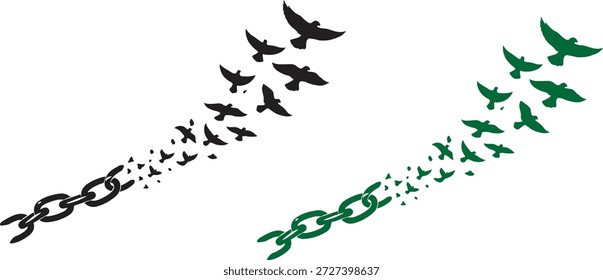 Corrente quebrada transformando em aves voadoras silhueta vetor ilustração. Liberdade, independência e conceito de quebrar barreiras. Símbolo de esperança, libertação, sucesso e novos começos. Design plano mínimo isolado em fundo branco.