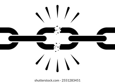 Icono de Vector de cadena rota. Enlace fuerte de metal desconectado de la cadena. Representar la libertad, la Autorización o la desconexión. Liberación de la esclavitud o el encarcelamiento. Silueta negra.