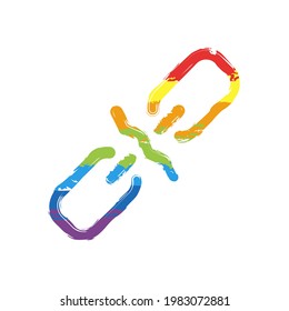 Broken chain, weak security, simple icon. Drawing sign with LGBT style, seven colors of rainbow (red, orange, yellow, green, blue, indigo, violet