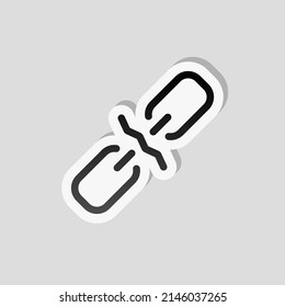Broken chain, weak security, simple icon. Linear sticker, white border and simple shadow on gray background