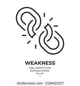 Broken chain or weakness concept editable stroke outline icon isolated on white background flat vector illustration. Pixel perfect. 64 x 64.	