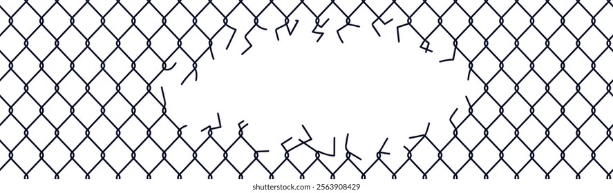 Broken chainlink fence with ripped wire and barbed mesh. Old metal barrier design for cages and steel borders. Flat vector illustration isolated on white background.