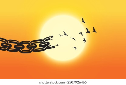 Broken chains that transform into peace birds. freedom and victory concept.