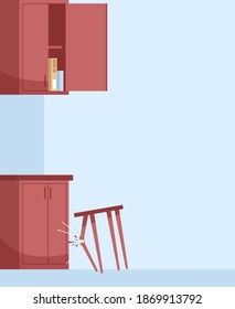 Broken Chair Leg Semi Flat Vector Illustration. Empty Dining Room. Opened Wall Cabinet With Cereal Box Inside. Light Mess In Kitchen. Common Household Accidents 2D Chartoon Scene For Commercial Use