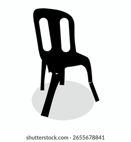 Gebrochener Stuhl auf weißem Hintergrund. Das Bein des Plastikstuhls ist gebrochen.