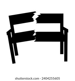 Broken chair vector silhouette on white background. The wood split into two. Chairs that are no longer suitable for use and are dangerous.