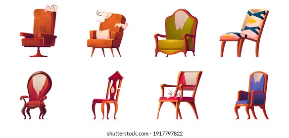 Broken chairs and armchairs old furniture isolated set, defected home interior objects with torn upholstery, sticking springs and fractured legs, junk on white background Cartoon vector illustration