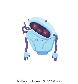 Robot de chatbot roto con cables rotos, ilustración vectorial plana aislada en fondo blanco. Caricatura de un lindo robot con un emoticono de error necesita ayuda.