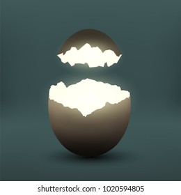 Broken chicken egg. Eggshell with light inside. Stock vector illustration.