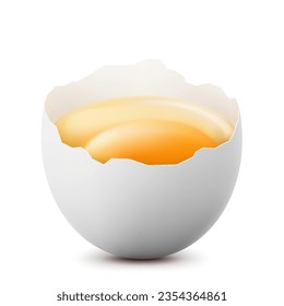 Media de huevo de pollo roto con una yema aislada en un fondo blanco. El huevo crudo с de pollo se rompió. Una dieta saludable. Ilustración vectorial 3d realista