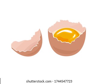 Broken chicken egg and yellow egg yolk in shell isolated on white background. Vector illustration of cracked halves of brown egg in cartoon flat style.