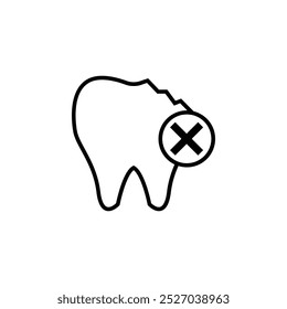 Ícone de dente lascado quebrado. Com uma cruz X. dor de dente. Tratamento dentário, odontologia, conceito de saúde dentária.