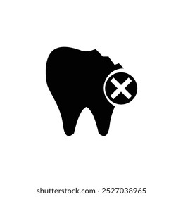 Ícone de dente lascado quebrado. Com uma cruz X. dor de dente. Tratamento dentário, odontologia, conceito de saúde dentária.