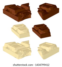 Broken Chocolate Bar Isolated on White Background. White and Milk Chocolate Pieces. Vector 3d Realistic Illustration.