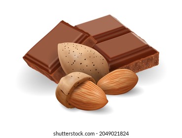 Barras de chocolate rotas con nueces de almendra sobre fondo blanco, ilustración vectorial realista