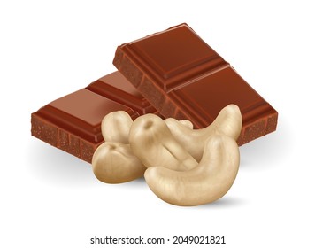 Broken chocolate bars with Cashew nuts on white background, realistic vector illustration