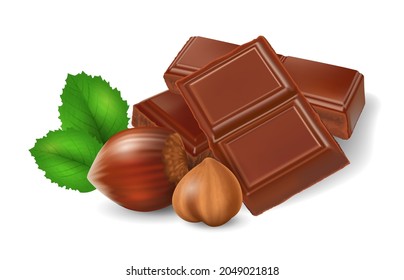 Barras de chocolate rotas con avellanas de fondo blanco, ilustración vectorial realista