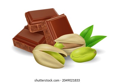 Broken chocolate bars with Pistachio nuts on white background, realistic vector illustration