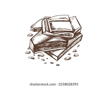 Broken chocolate pieces with crumbs in vintage sketch style