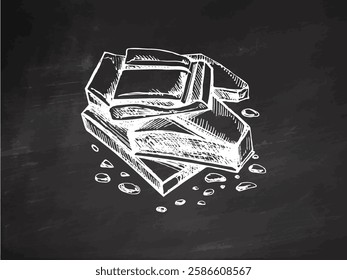 Broken chocolate pieces with crumbs in vintage sketch style on chalkboard  background
