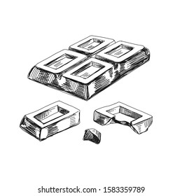Broken chunks of chocolate hand drawn vector illustration. Sweet snack retro freehand sketch. Engraved style broken pieces of chocolate isolated on white background. Cocoa product vintage ink drawing