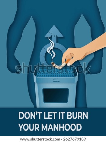  broken cigarette being stubbed out, symbolizing the harmful effects of smoking on male reproductive health. Strong masculine blue palette, papercut style