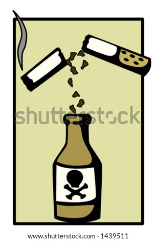 broken cigarette with its contents falling into a poison bottle illustration
