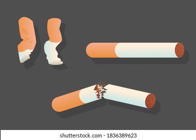 Broken cigarette on a dark gray background. The harm of smoking, addiction. Fighting cigarette addiction.