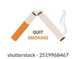 Broken cigarette, quit smoking. Concept no smoke. Flat vector illustration isolated on white background