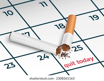 Broken cigarette stub on calendar sheet, closeup. Quitting smoking today concept. On the calendar inscription marker. The concept of stopping tobacco and nicotine addiction. World no tobacco day.